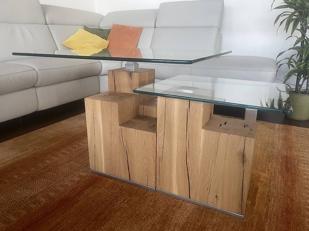 Tables: 2er Set Couchtisch Sofatisch Unikat Echtholz Eiche Glas – D'occasion à Reinach BL par present4you 1