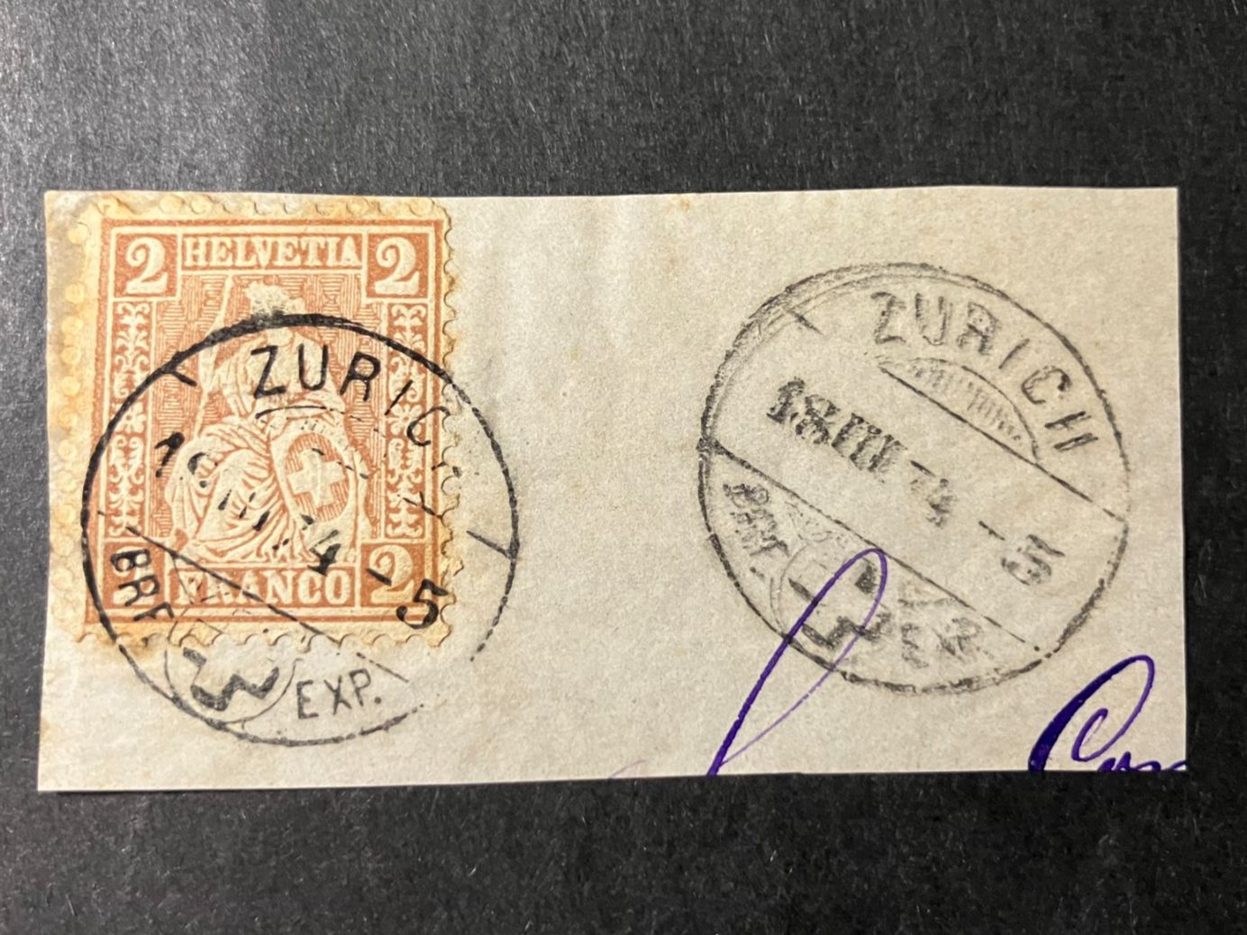 Tutti i francobolli: 1874, 2c hellrotbraun auf Briefstück, Kat. 37a, KP 280.-- – Usato da Würenlos venduto da Eulenpostuhu