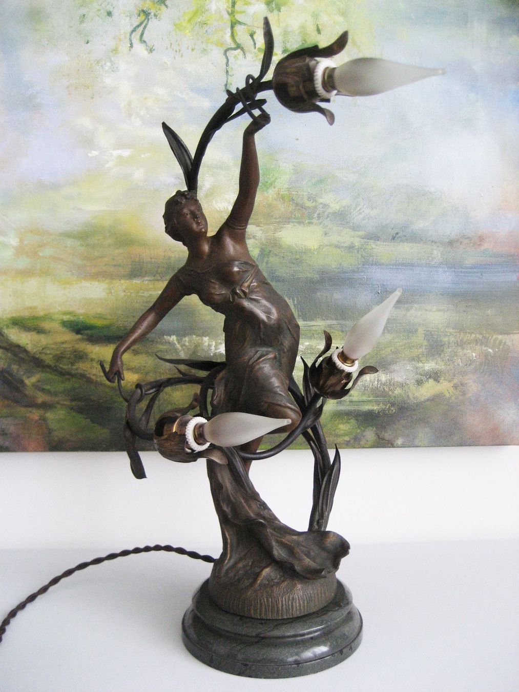 Lampade: Jugendstil Lampe mit Frauenfigur Marmorsockel – Usato da Rieden SG venduto da severem13