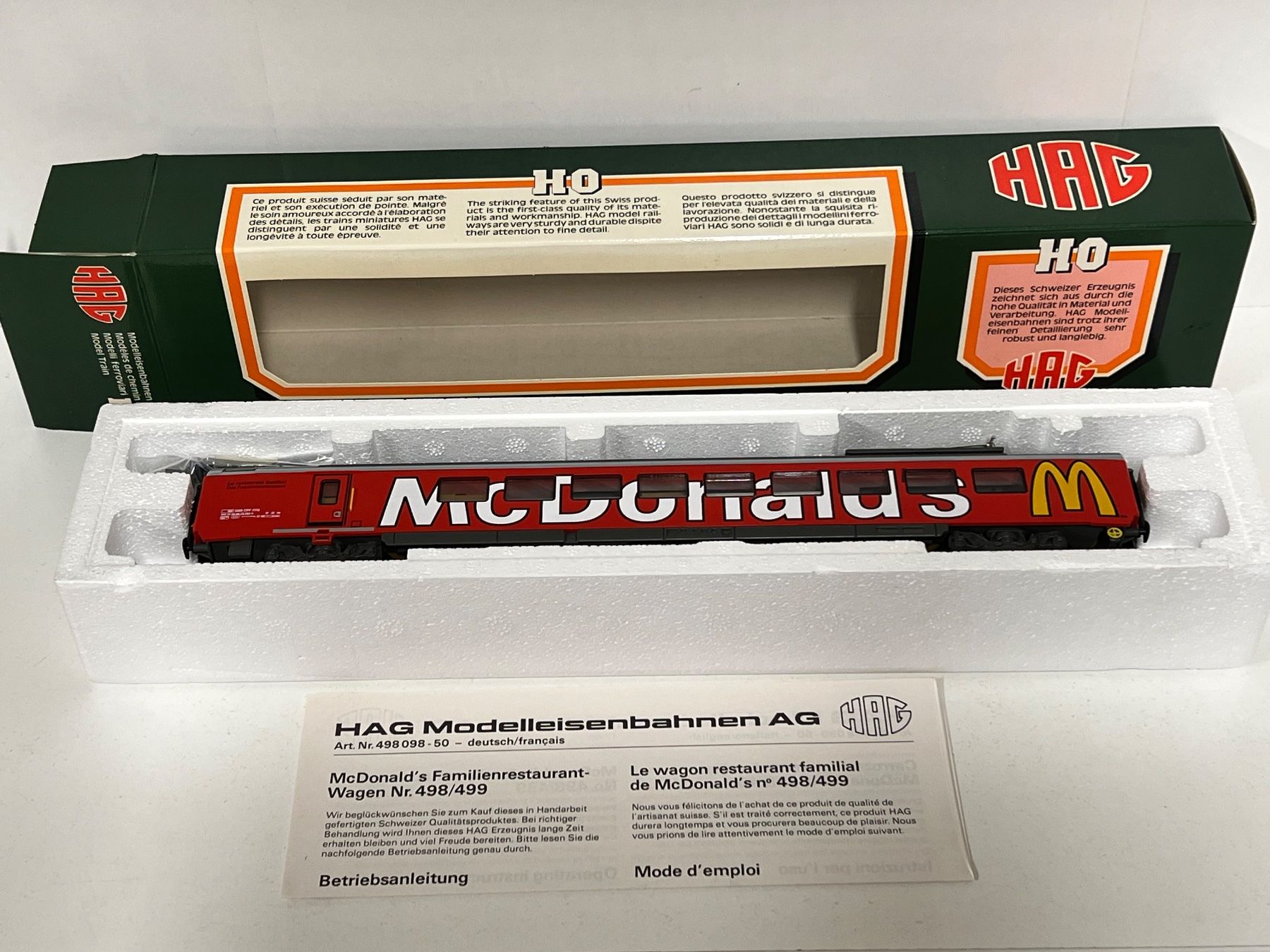 Hag Modellini di ferrovie: HAG HO McDonald's Wagen AC – Nuovo e nell'imballaggio originale da Geroldswil venduto da TopTrain54