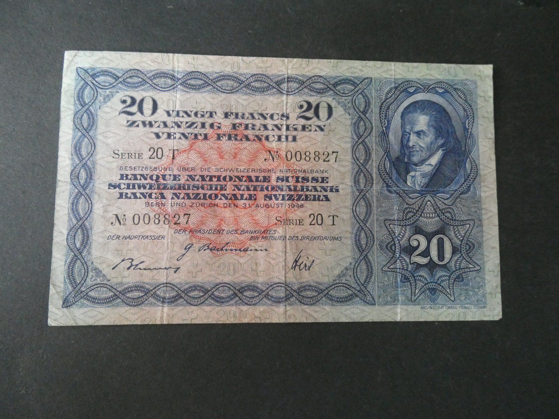 Billets de banque: Schweiz 1946, 20 Franken   Pestalozzi – D'occasion à Hinterforst par Rohusri