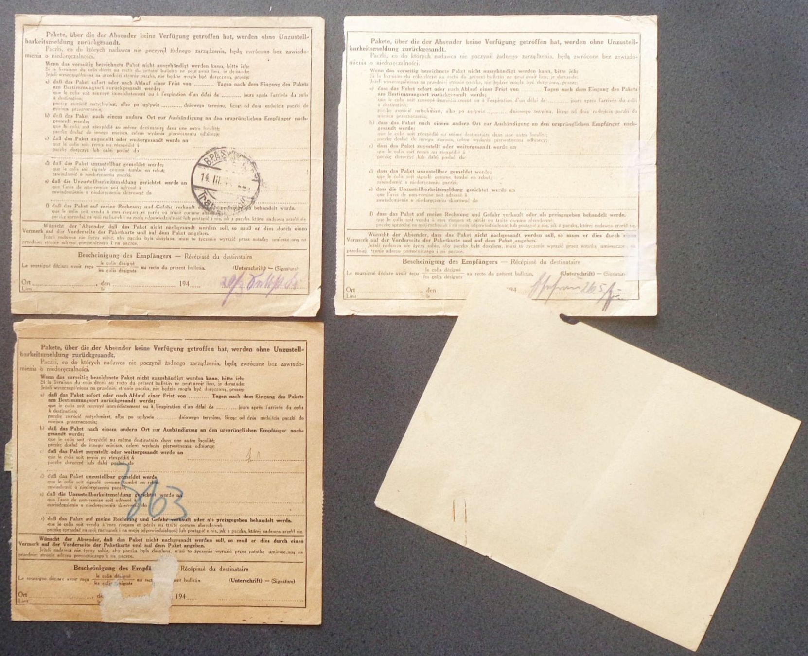 Tutti i francobolli: GENERALGOUVERNEMENT 1941–1944: 3 Paketkarten – Usato da Le Locle venduto da timbrettino 1