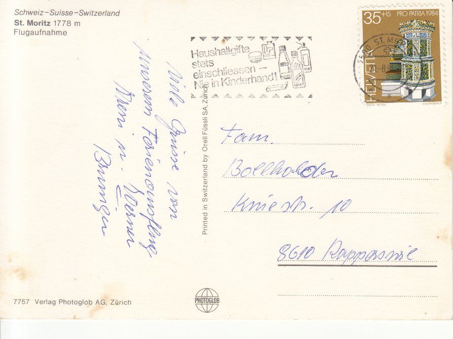Cartoline postali: St. Moritz 1984 – Usato da Bürglen TG venduto da StampGraf 1