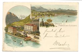 Gruss aus Paradiso-Lugano (TI) Hotel - Tram - Litho  um 1900