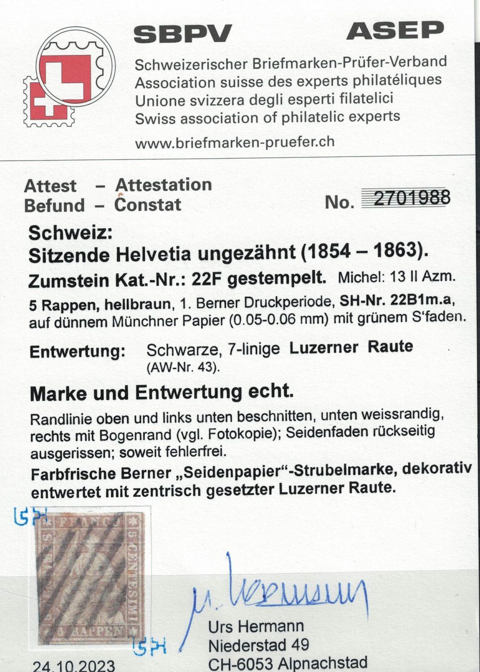 Tutti i francobolli: Strubel 22F gestempelt mit Attest – Usato da Bern venduto da bae_958f 2