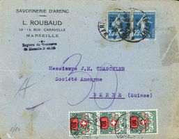 Nachporto-Beleg 1924: 10/1 Rp. im Dreierstreifen, SBK Nr. 39