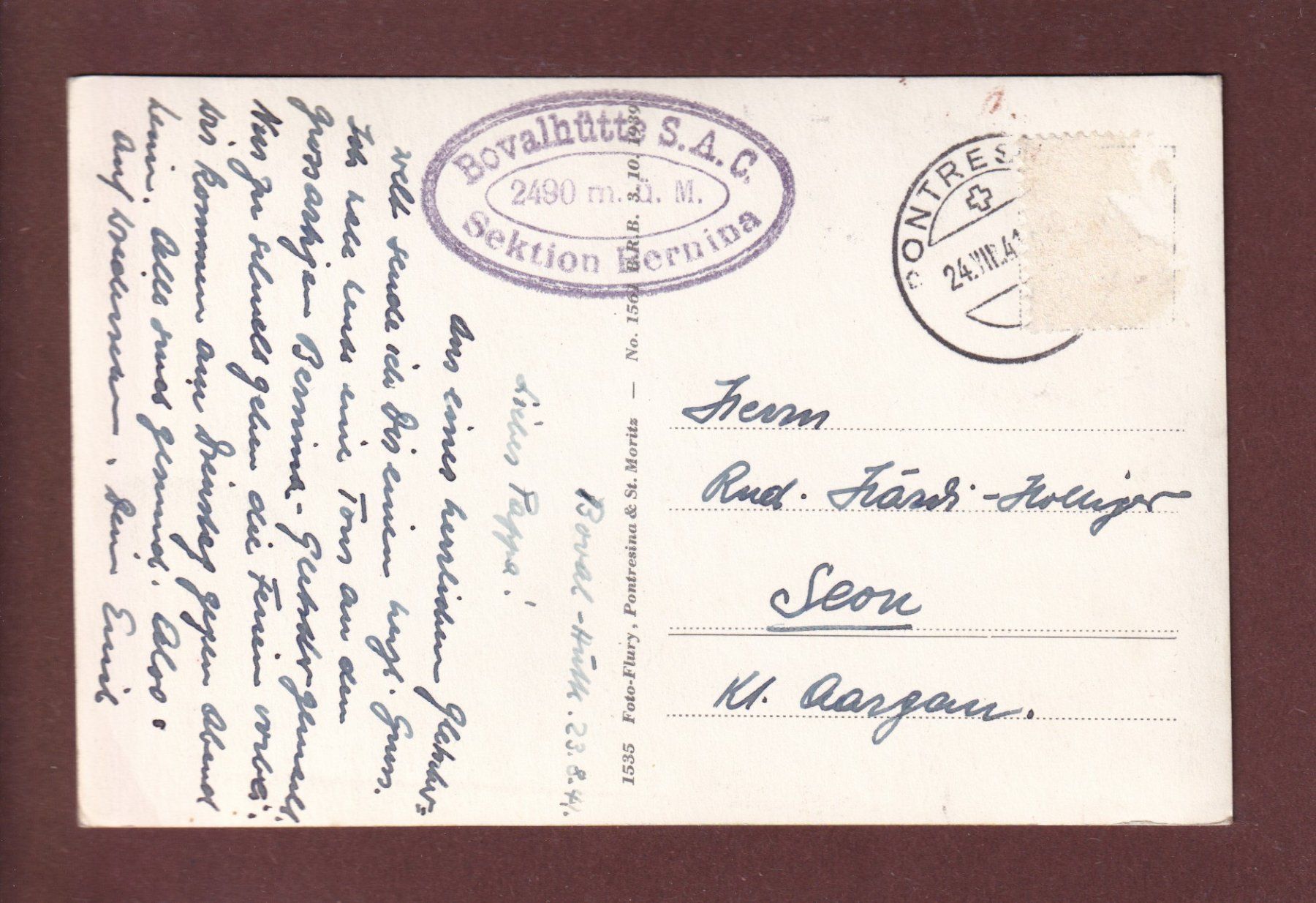Cartoline postali: BOVALHÜTTE - Palü - Bellavista - 1941 // Eckbug // – Usato da Pully venduto da nicecards 1