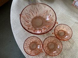 3 Dessertschalen und passende Schüssel, Glas, Pale Pink