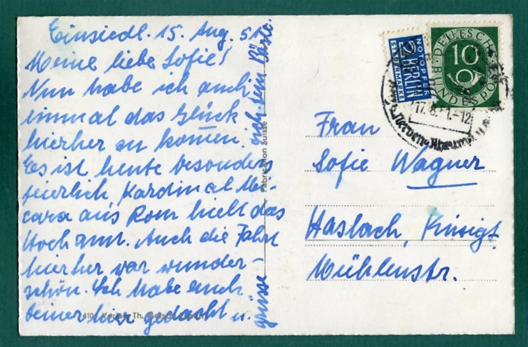 Cartoline postali: Einsiedeln, Kloster und Wallfahrtskirche, 1951, gelaufen – Usato da Sargans venduto da Hausi1951 1