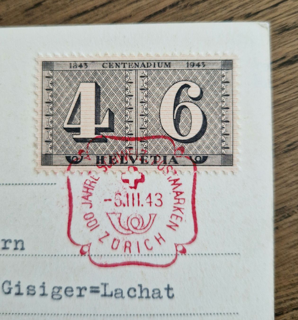 Cartoline postali: 100 Jahre Schweiz. Postmarken 1943, Ansichtskarte – Usato da Ebikon venduto da Donar50