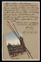 AK Basel, Rathaus, Malerpaletten Passepartout mit Pinseln