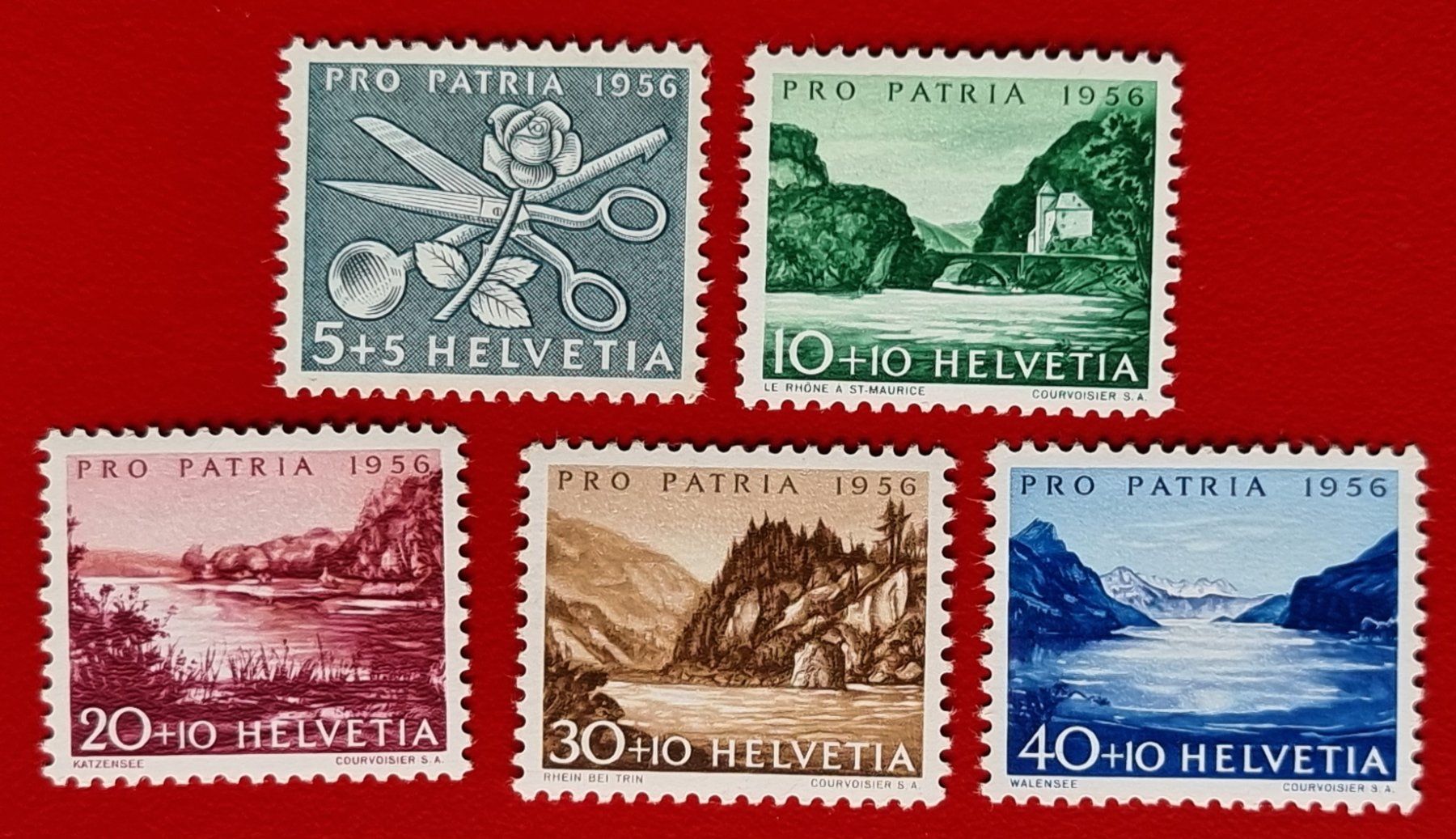 Tutti i francobolli: PRO PATRIA SATZ 76 - 80 1956** POSTFRISCH – Nuovo (secondo la descrizione) da Düdingen venduto da Quartierstrasse