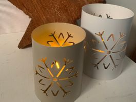 Windlichter 2-er Set Metall Schneeflocken weiss/taupe neu