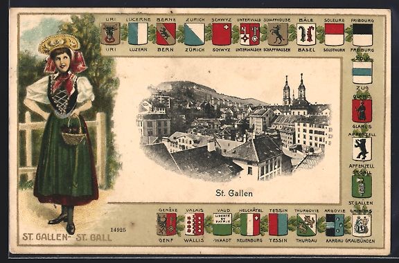 Cartoline postali: St. Gallen, Ortsansicht, Schweizerin mit – Usato da Berlin venduto da bartko-reher