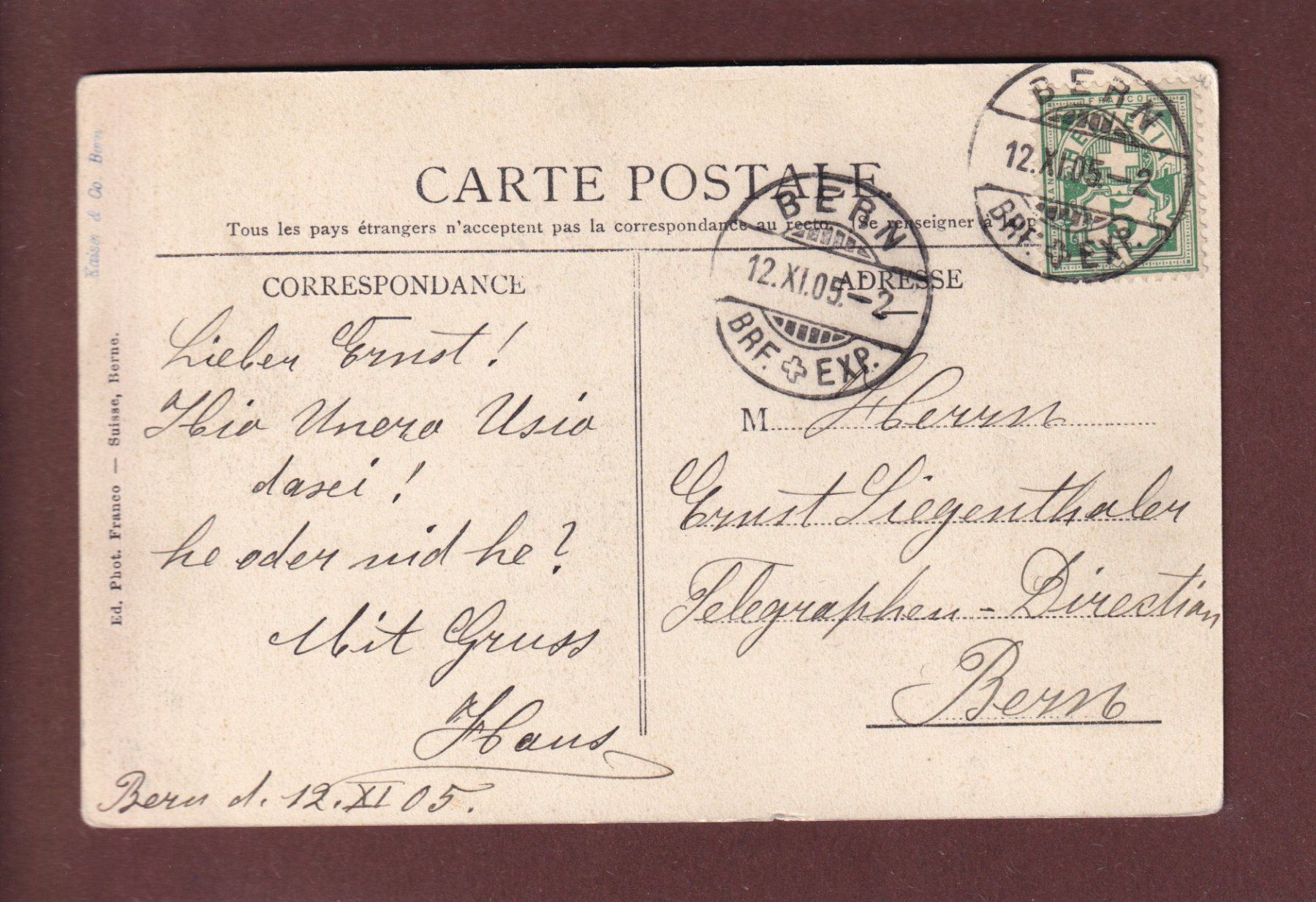 Cartoline postali: BERN - Hauptpost - 1905 – Usato da Pully venduto da nicecards 1