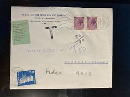 CH 1973 Nachporto 50 Rp. auf Brief aus Italien Kleber Adress