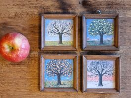 4 kleine Bilder Jahreszeiten Baum Holzrahmen Vintage