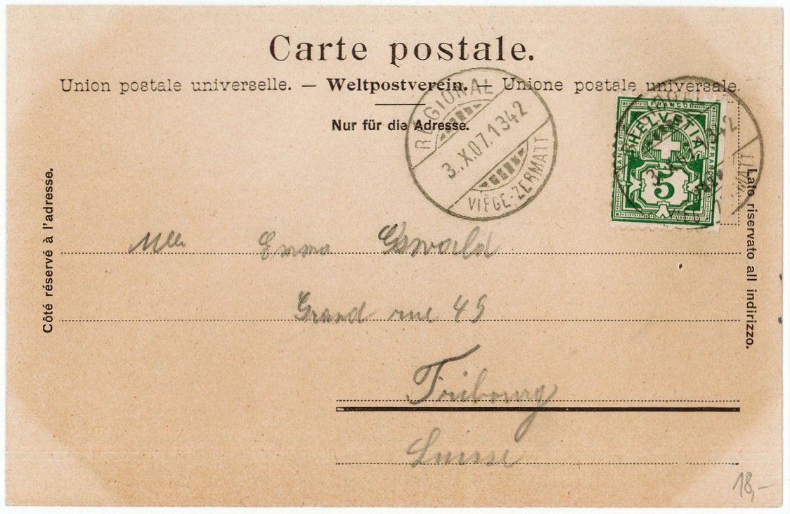 Cartoline postali: E 48 GORNERGRATBAHN UND MATTERHORN BAHNPOST 1907 – Usato da Fribourg venduto da philafri 1