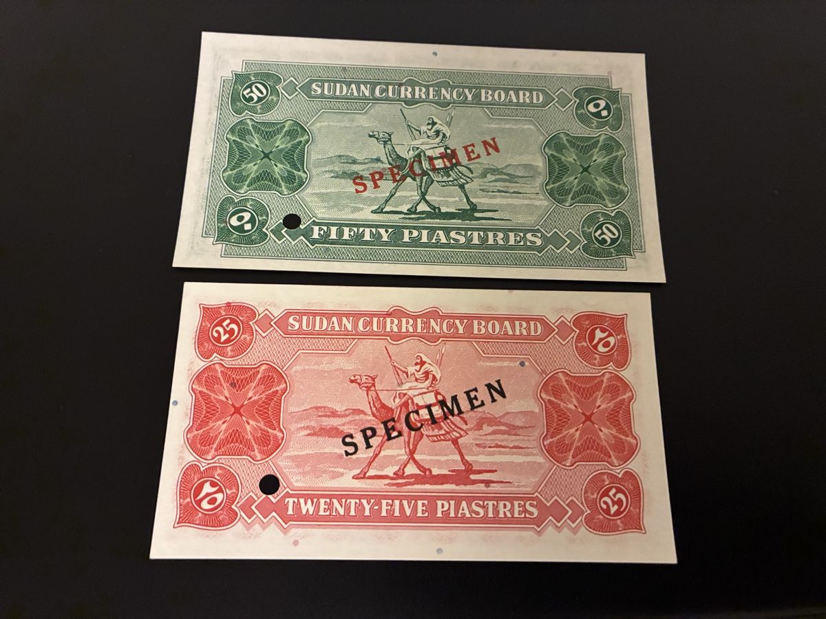 Billets de banque: Sudan 1956 50 , 25 Piastres Specimen – Neuf (Voir description) à Dällikon par Woldbanknoten 2