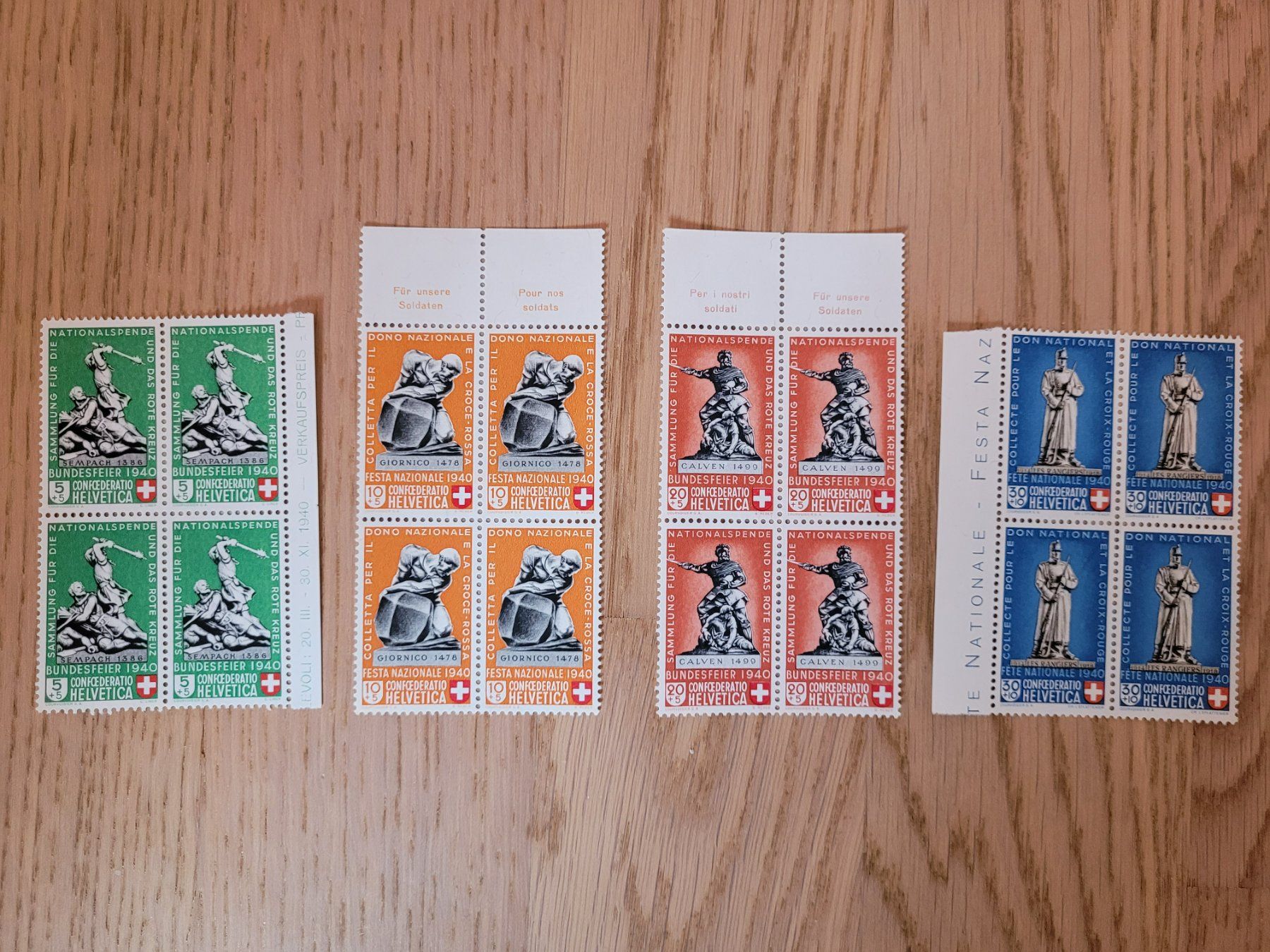 Alle Briefmarken: Pro Patria B3-B5, 4er Block, Denkmäler 1940, postfrisch – Gebraucht aus Niederwil SG von kaseopeia
