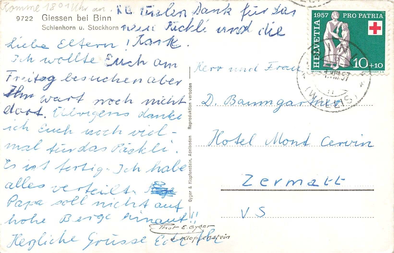 Ansichtskarten: Giessen bei Binn – Gebraucht aus Biasca von Blenio71 1