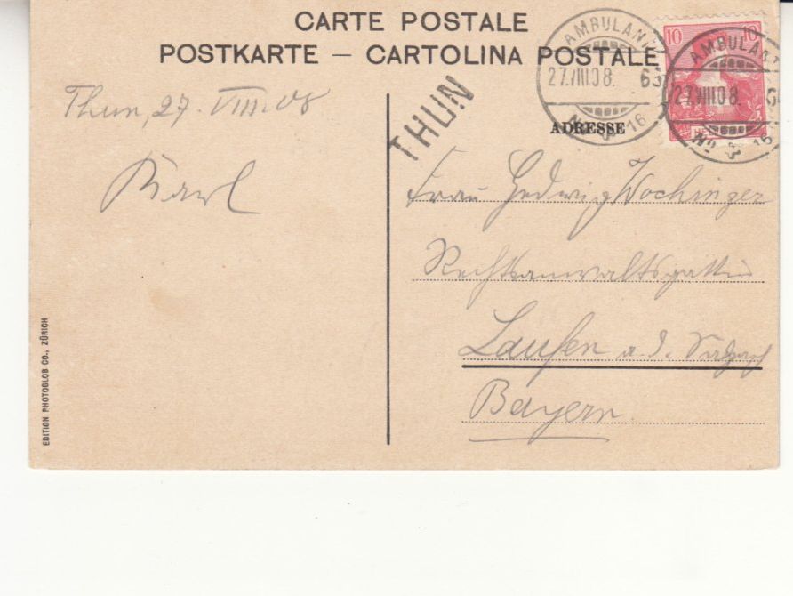 Cartoline postali: Thun 1908 mit Stabstempel Thun, Ambulant Nr. 16 – Usato da Bürglen TG venduto da StampGraf 1