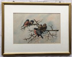 Antike Malerei - Wintervögel auf dem Ast - datiert 1904