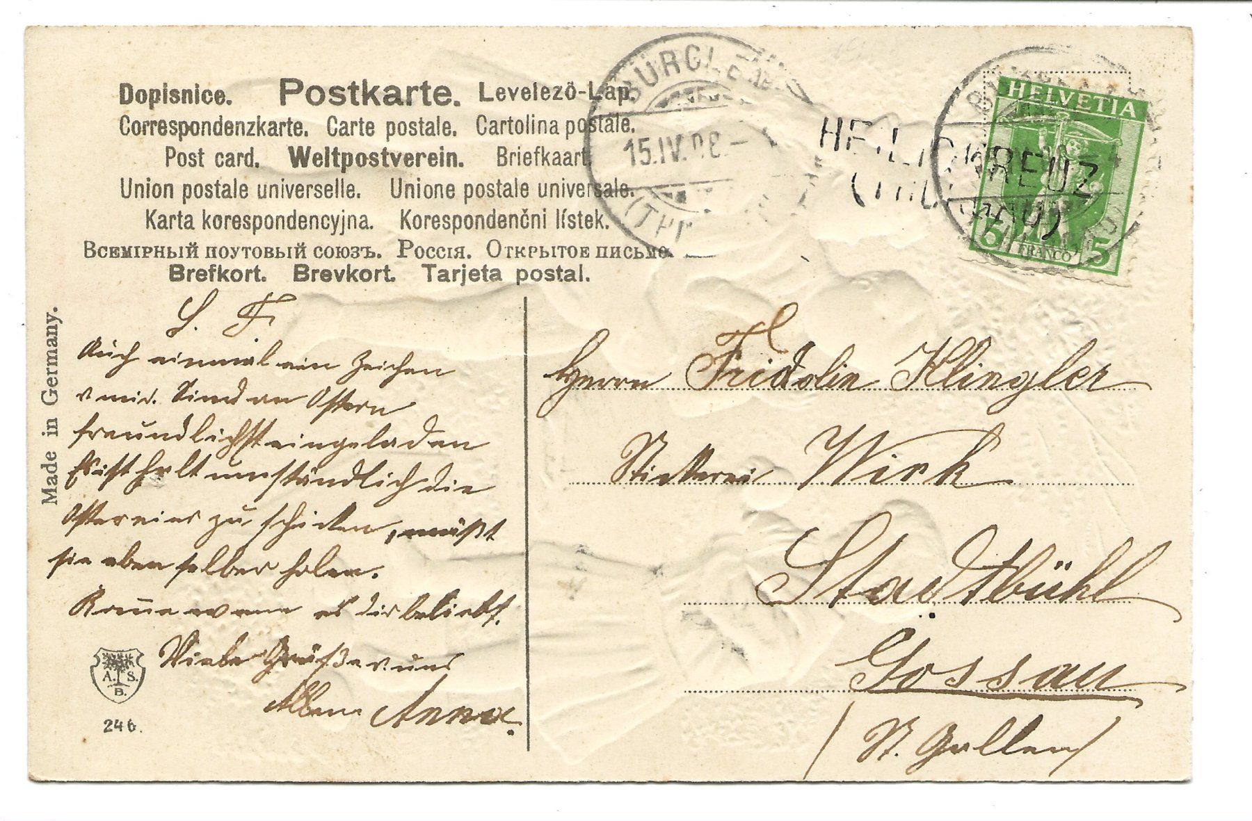 Cartoline postali: Fröhliche Ostern - Kinder - Eier-Tausch - Präge-Litho - 1908 – Usato da Engelburg venduto da Cartophil 1
