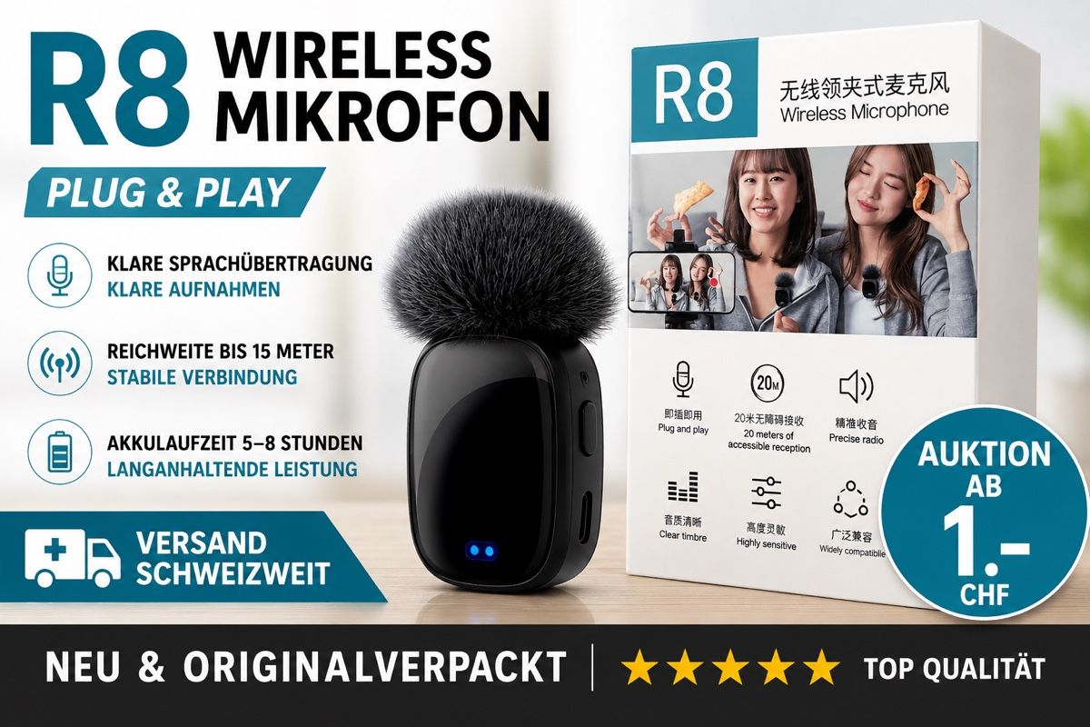 Microfoni: R8 Wireless Mikrofon, Neu & OVP, Plug & Play, ab 1 CHF – Nuovo e nell'imballaggio originale da Tägerwilen venduto da Swiss-Ricardo
