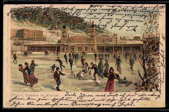Cartoline postali: Litho Davos, Personen auf der Eisbahn im – Usato da Berlin venduto da bartko-reher