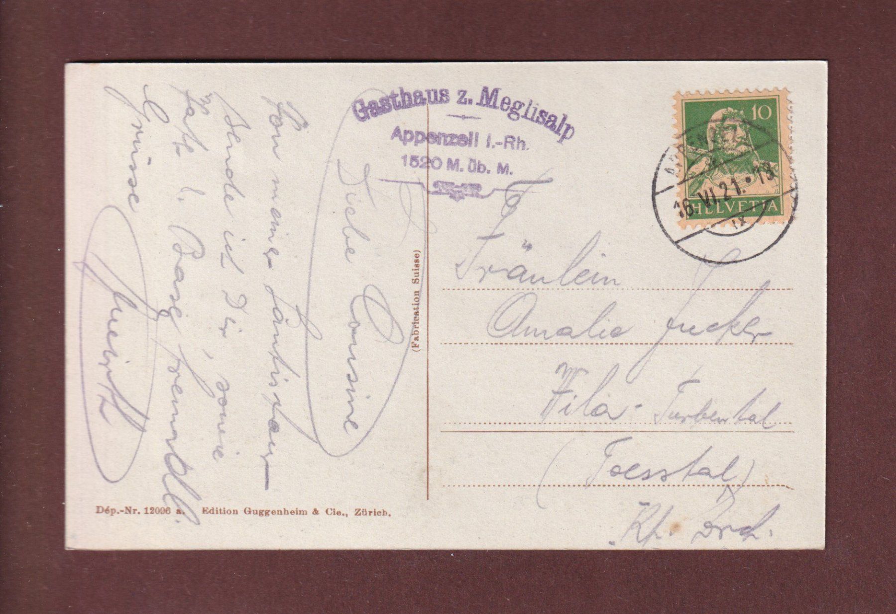 Ansichtskarten: MEGLISALP - Altmann - 1921 – Gebraucht aus Pully von nicecards-shop 1