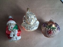 3 Vintage Glas Christbaumschmuck Korb mit Füchte,Engel weihn