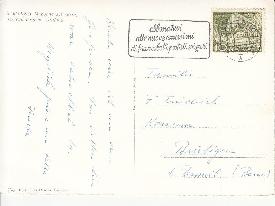 Cartoline postali: Locarno 1955 – Usato da Bürglen TG venduto da StampGraf 1