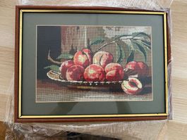 Wandbild Pfirsiche, Kreuzstich, gerahmt, Vintage Deko