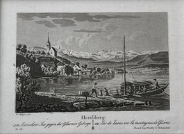 Meyer Aquatinta von Herrliberg gegen Glarner-Gebirge 1860