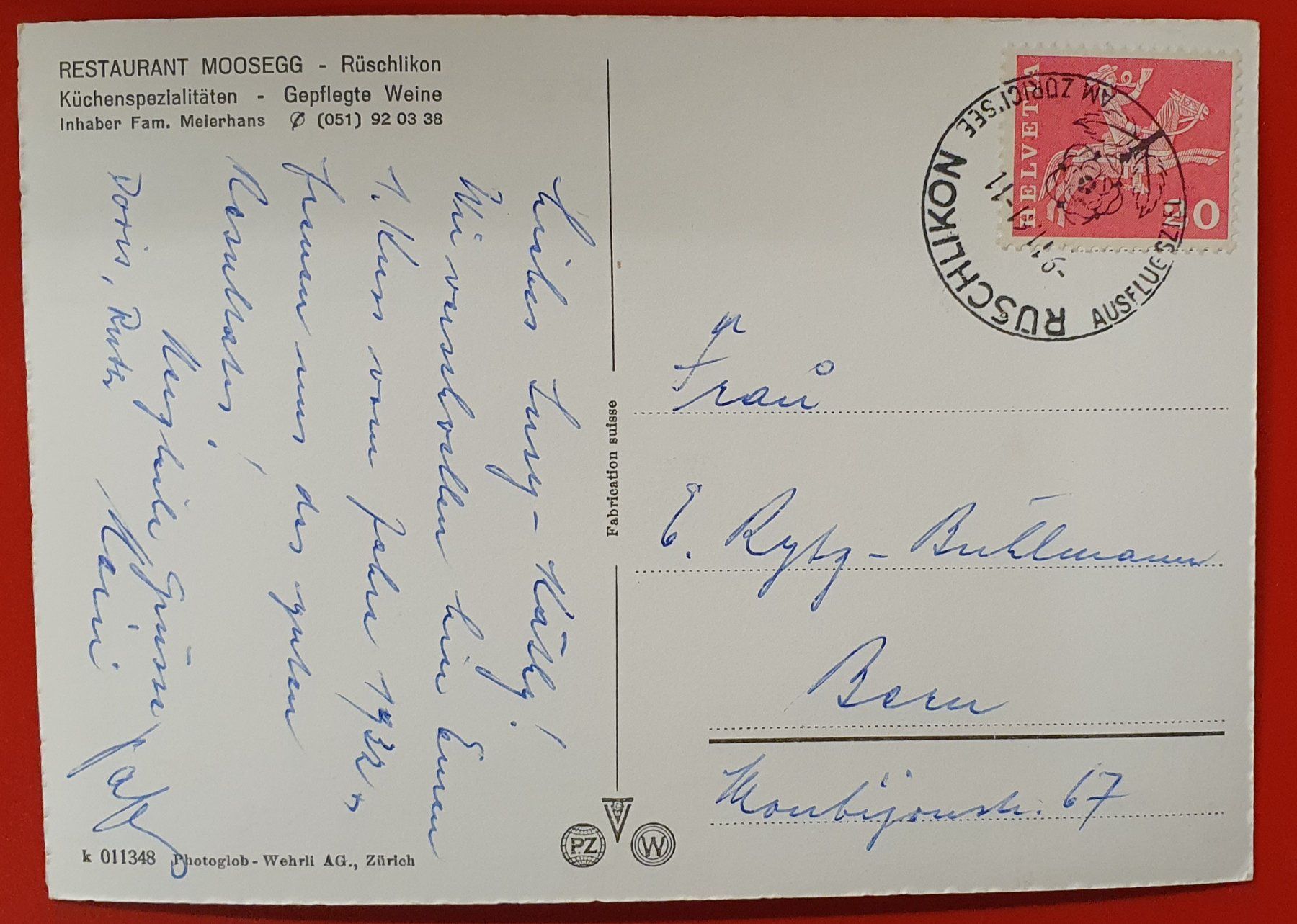 Ansichtskarten: Rüschlikon 1961 - Restaurant Moosegg – Gebraucht aus Kreuzlingen von Rschweiz1 1