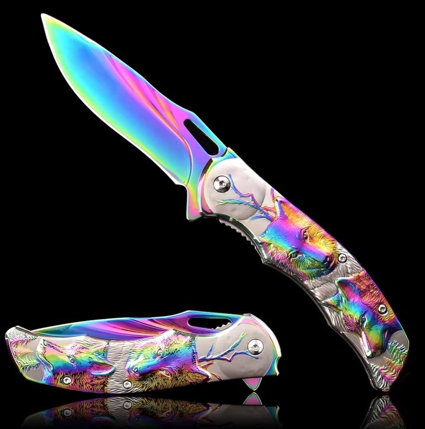 Coltelli tascabile: Klappmesser/Taschenmesser mit Wölfen regenbogenfarben/grau – Nuovo e nell'imballaggio originale da Basel venduto da Seifehuesli