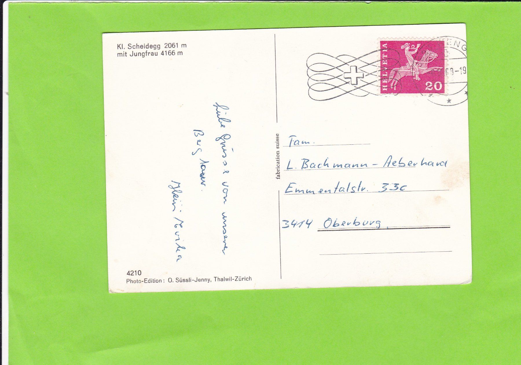 Cartoline postali: Kl. Scheidegg mit Jungfrau – Usato da St. Peterzell venduto da neckertal 1