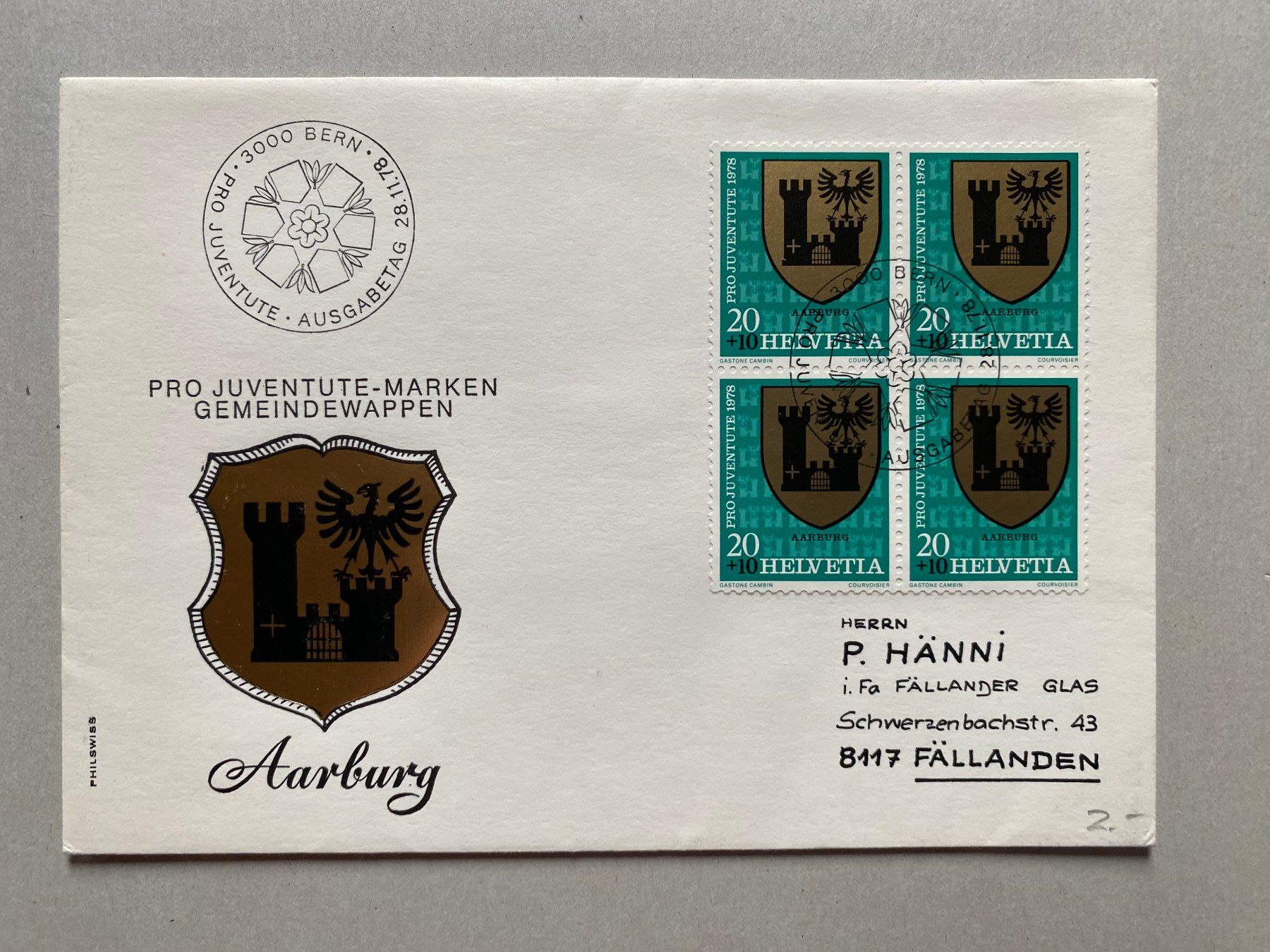 Alle Briefmarken: 5 FDC Pro Juventute Gemeindewappen I 1978 ET – Gebraucht aus Kirchenthurnen von Scherzengel 1