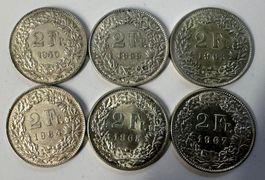 2 Fr. SILBERMÜNZEN SCHWEIZ, 6 STÜCK, Jg. 1940-59-63-64-65-67