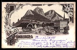 Lithographie Guggisberg, Ortspartie mit Hotel und Restaurant