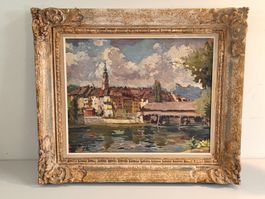 Original Gemälde Hans Grütter - Olten mit Holzbrücke - 1959