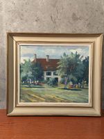 Vintage Framed Oil Painting - House and Trees Landscape