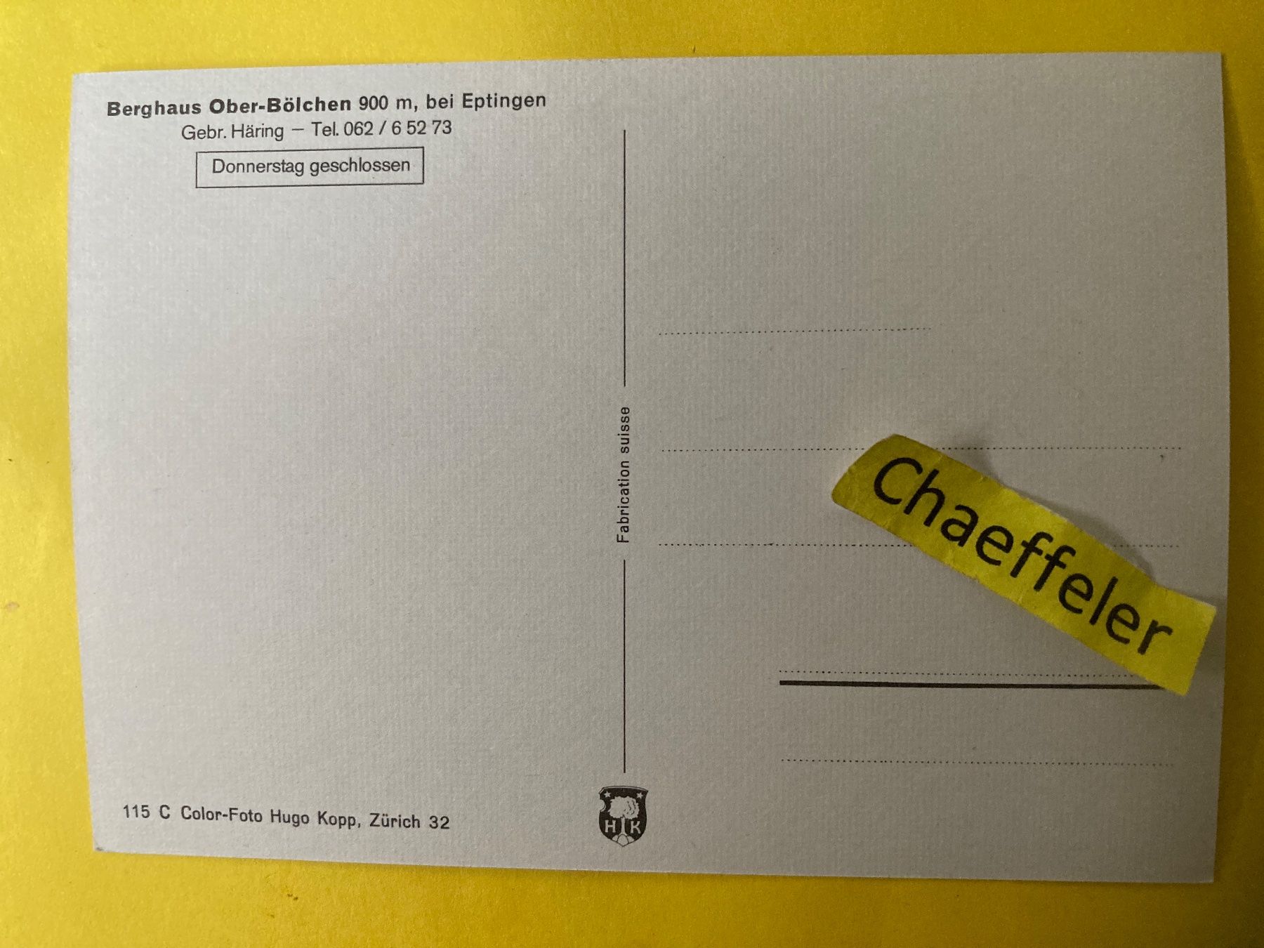Cartoline postali: Berghaus Ober-Bölchen bei Eptingen – Usato da Zürich venduto da Chaeffeler 1