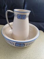 Antiker Emaille Krug und Lavabo blau/weiss Dekor Blümchen