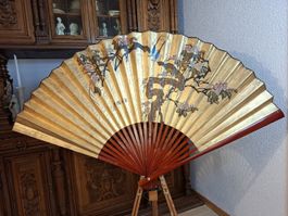  Großer Asiatischer Wandfächer Gold Motiv Vintage
