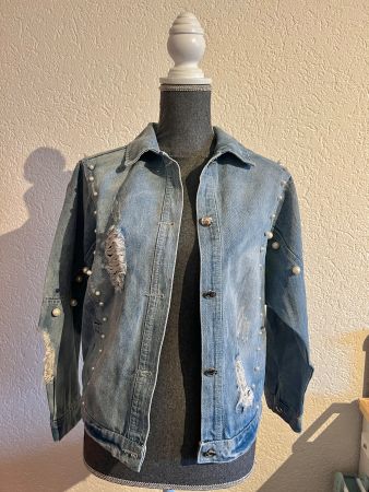 Frauen Jeansjacke Denim Jacke Mit Perlen  Gr S