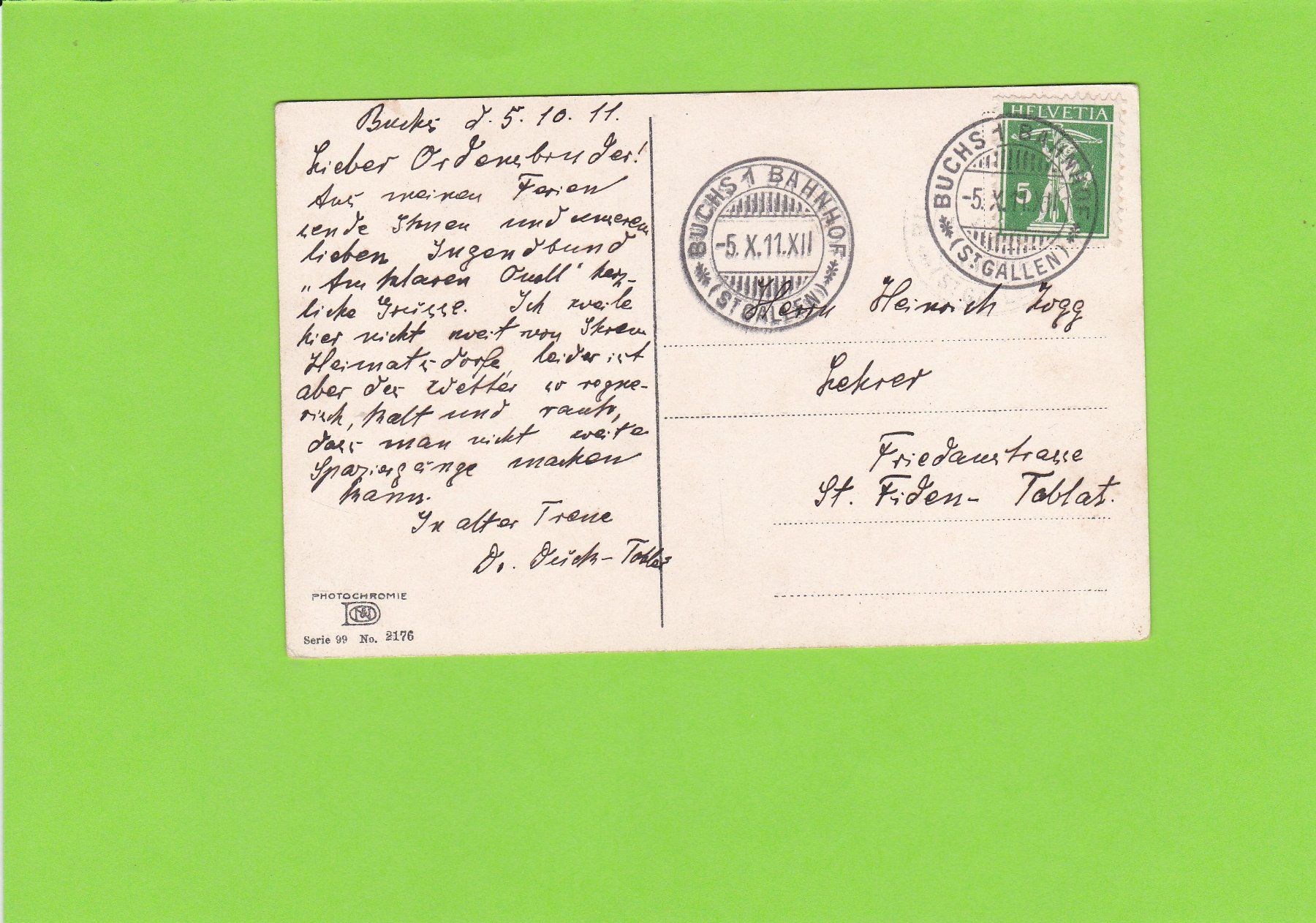Cartoline postali: 1911 ab Buchs Bahnhof – Usato da St. Peterzell venduto da neckertal 1