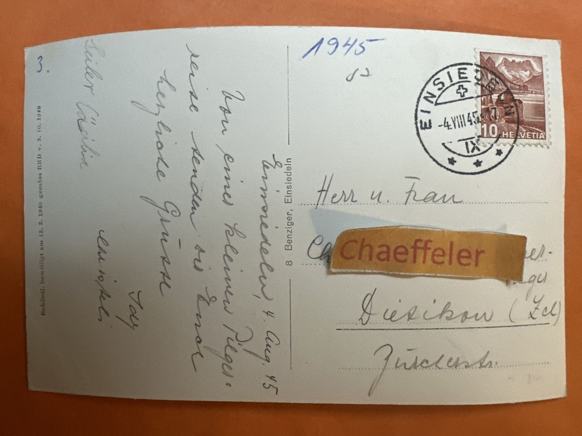 Cartoline postali:  Einsiedeln Kloster 1945 gestempelt  – Usato da Zürich venduto da Chaeffeler 1