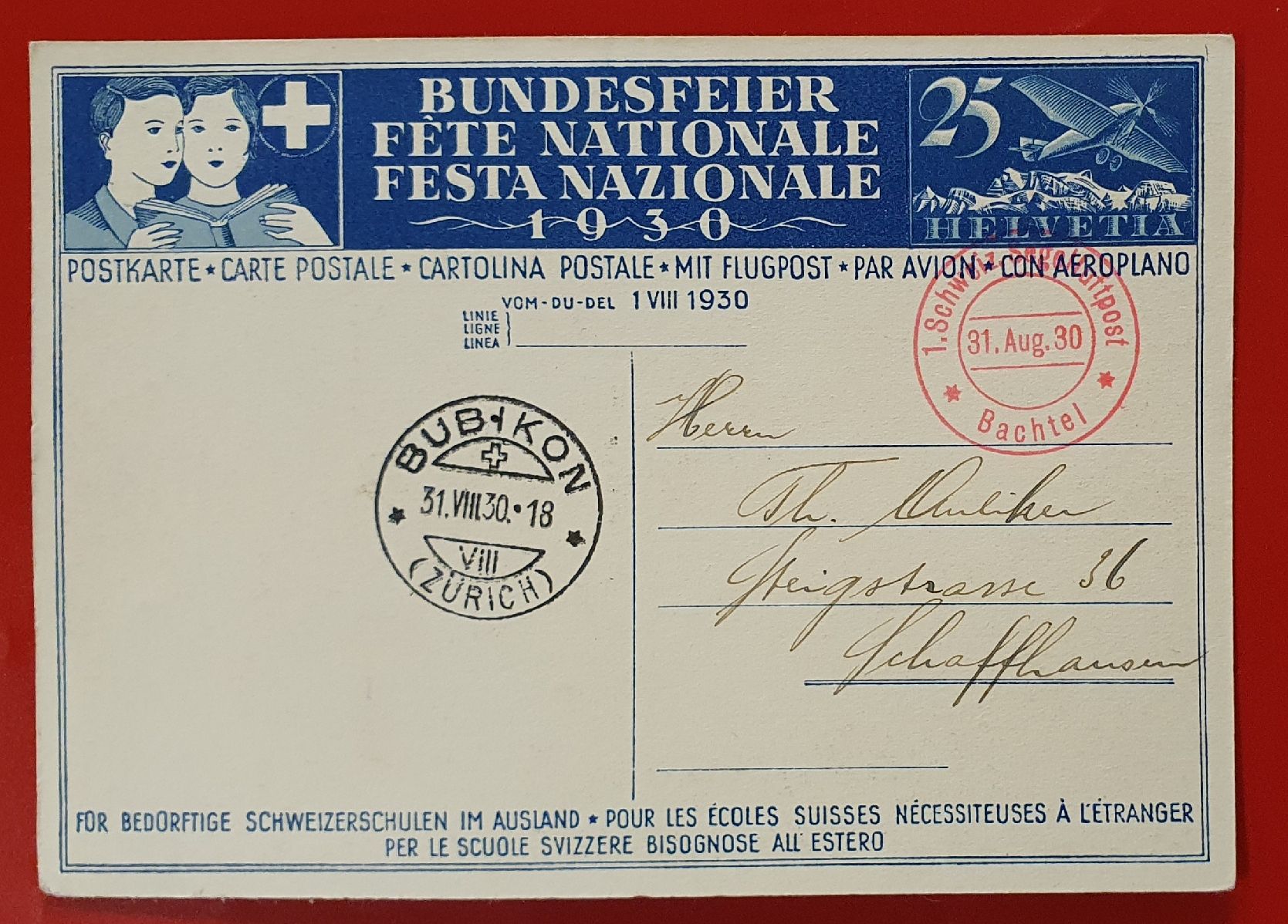 Tutti i francobolli: 2 Bundesfeierkarten 1930 - 1.Segelflugpost Bachtel – Usato da Kreuzlingen venduto da Rschweiz1 1